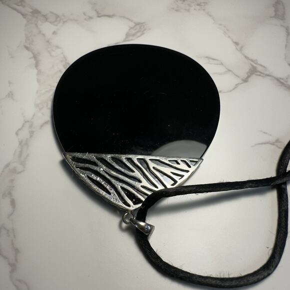 Black Onyx And Sterling Silver Pendant On Nylon Rope Necklace - Picture 3 of 5